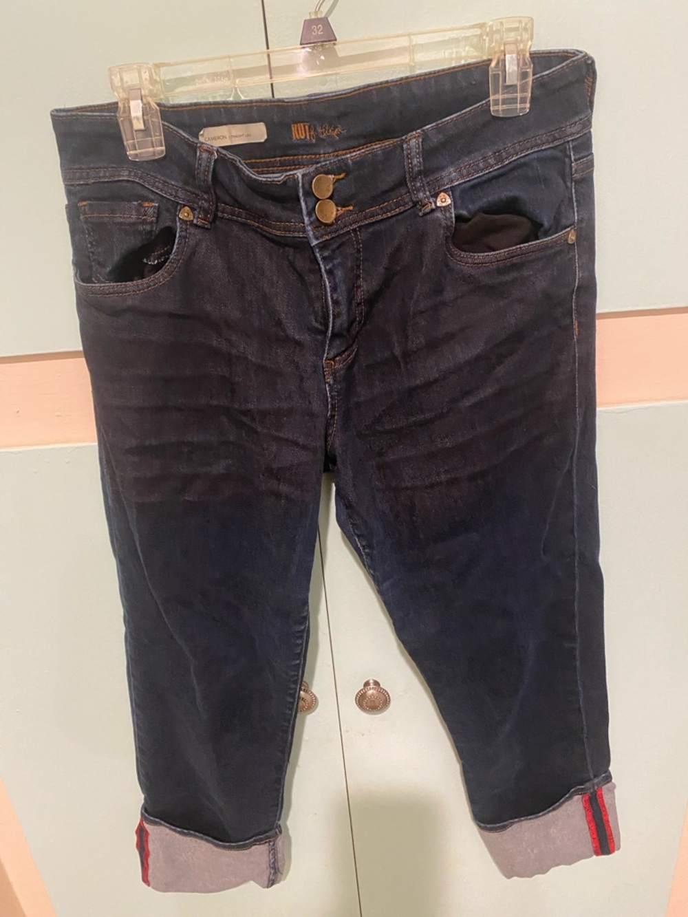 Kut from the Kloth Dark Blue Cuffed Ankle Jeans with Red Stripe